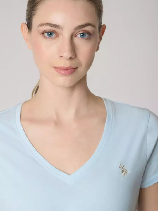 Women's Blouse Short Sleeve with V Neckline Light Blue