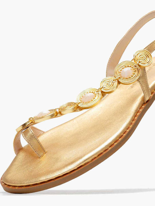 Leather Women's Flat Sandals in Gold Color