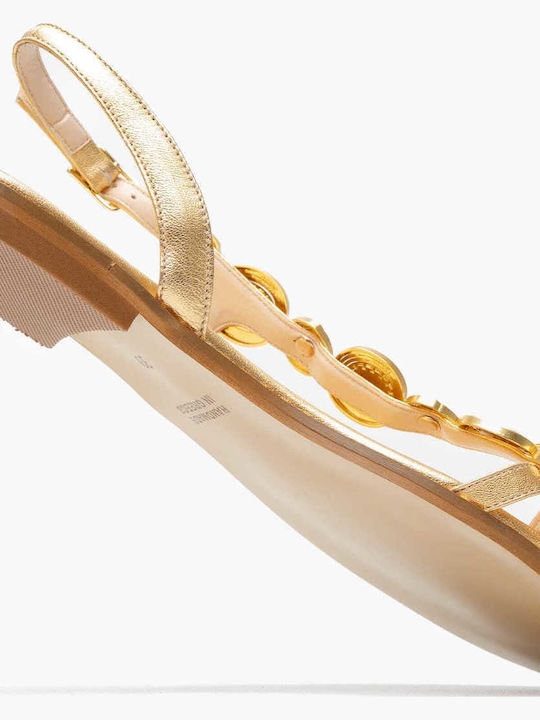 Leather Women's Flat Sandals in Gold Color