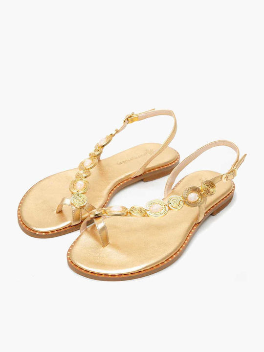 Leather Women's Flat Sandals in Gold Color
