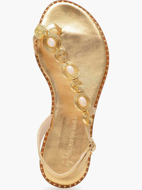 Leather Women's Flat Sandals in Gold Color
