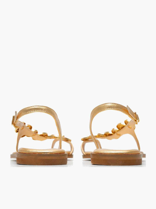 Leather Women's Flat Sandals in Gold Color