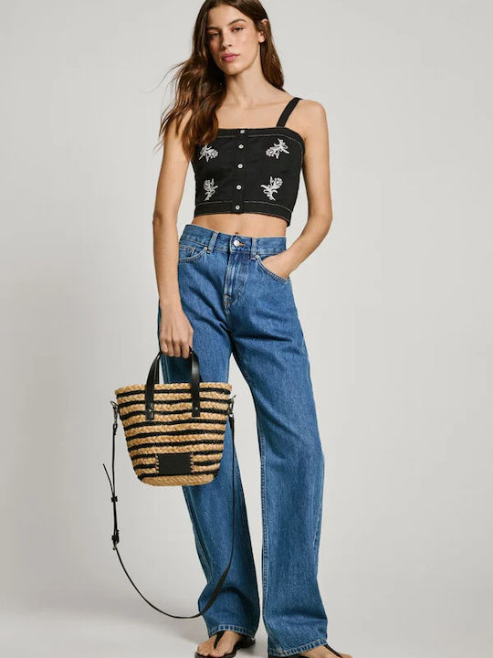 Pepe Jeans Ψάθινη Τσάντα Θαλάσσης Μαύρη
