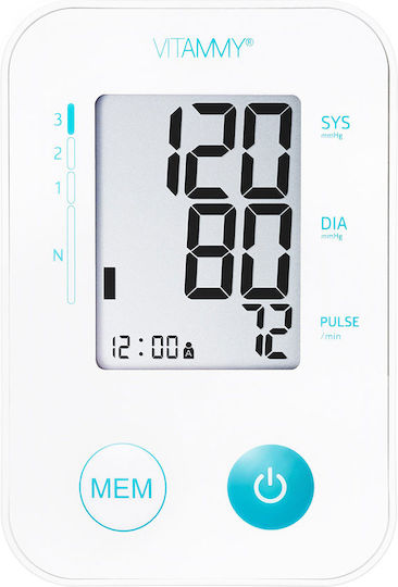 Tensiometru electronic de braț Vitammy Next Basic Power C include adaptor de alimentare, măsurare în timpul umflării manșetei, memorie pentru 2 utilizatori, husă de protecție, dimensiune manșetă 22-40 cm, alb