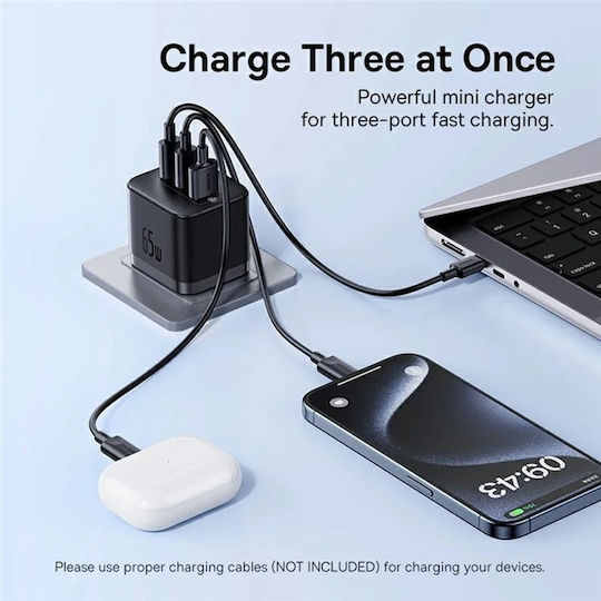 Baseus Baseus GaN Handyladegerät Ohne Kabel Mit USB-A Ausgangsanschluss Und 2 USB-C Ausgangsanschlüsse 65W Schnellladetechnologie 3.0 Schwarze
