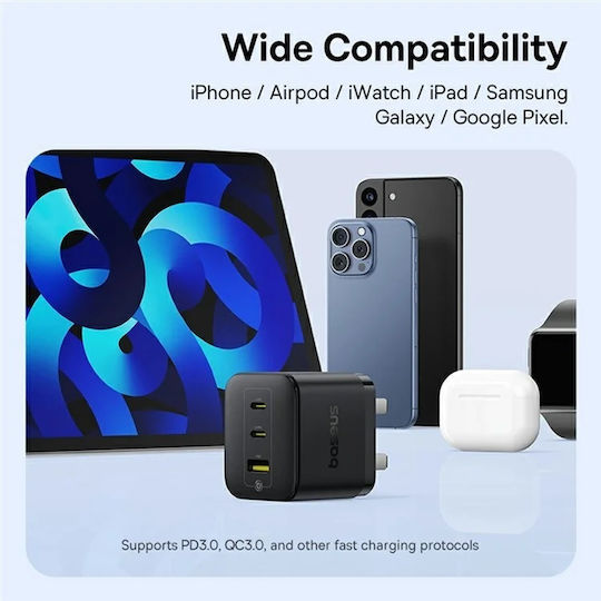 Baseus Baseus GaN Handyladegerät Ohne Kabel Mit USB-A Ausgangsanschluss Und 2 USB-C Ausgangsanschlüsse 65W Schnellladetechnologie 3.0 Schwarze