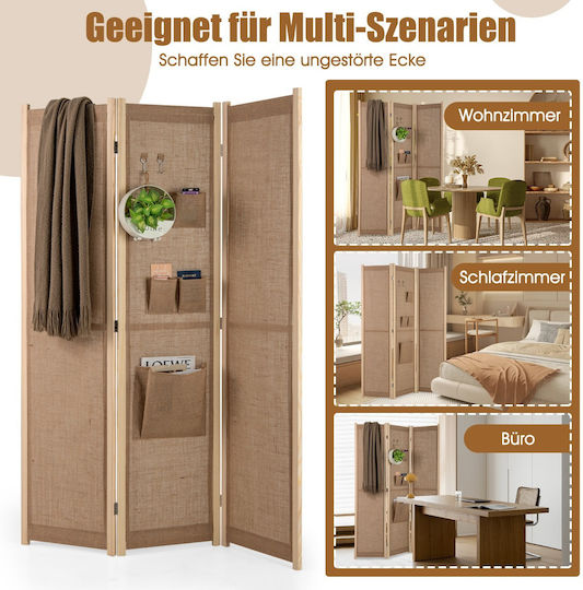 Costway Folding Room Divider with Storage Pockets and Hooks 170 X 121 Cm High-Quality Faux Linen Sturdy Wooden Frame Jv11821na
