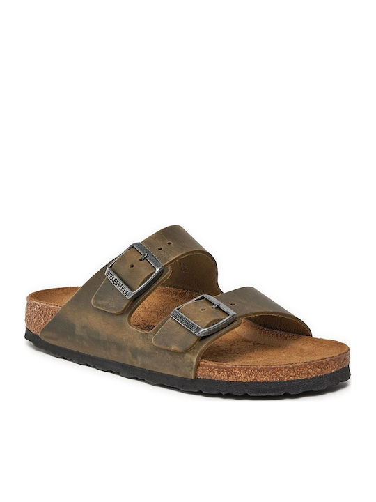 Arizona Leder Flache Sandalen für Damen in Khaki Farbe Schmal Passform