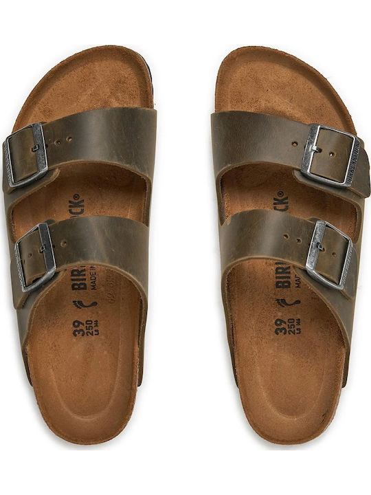 Arizona Δερμάτινα Γυναικεία Σανδάλια Χακί Narrow Fit