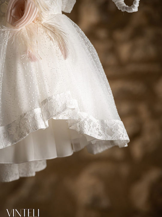 Vinte li Εκρού Βαπτιστικό Σετ Ρούχων με Αξεσουάρ Μαλλιών & Φόρεμα από Τούλι 2τμχ