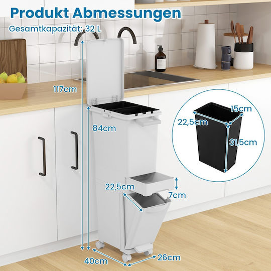 Costway Recycling Waste Bin Plastic 36x25x84cm White