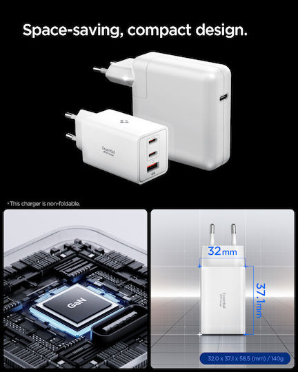 Spigen Φορτιστής Χωρίς Καλώδιο GaN με Θύρα USB-A και 2 Θύρες USB-C 67W Power Delivery / Quick Charge 3.0 Λευκός (Essential)