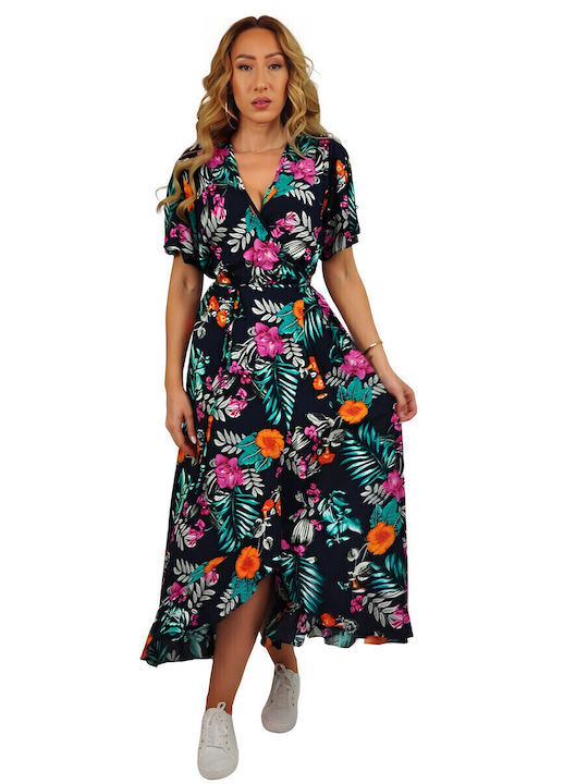 Summer Midi Dress Wrap with Ruffles Blue