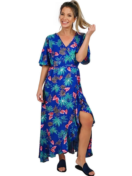 Summer Maxi Dress Wrap with Ruffle Blue
