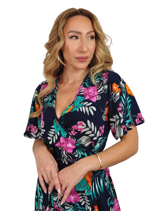 Summer Midi Dress Wrap with Ruffles Blue