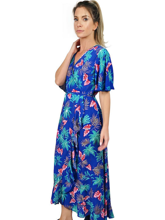 Summer Maxi Dress Wrap with Ruffle Blue