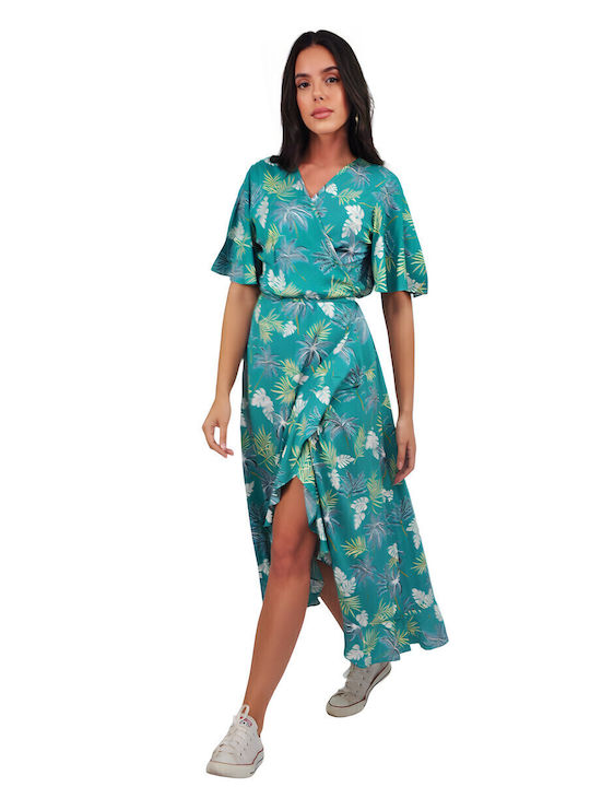 Summer Midi Dress Wrap with Ruffles Tropical Print
