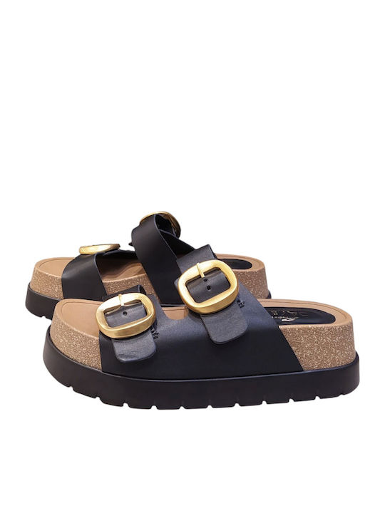 Leather Women's Flat Sandals Flatforms in Black Color