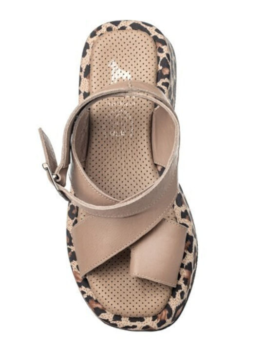 Leather Women's Flat Sandals in Brown Color