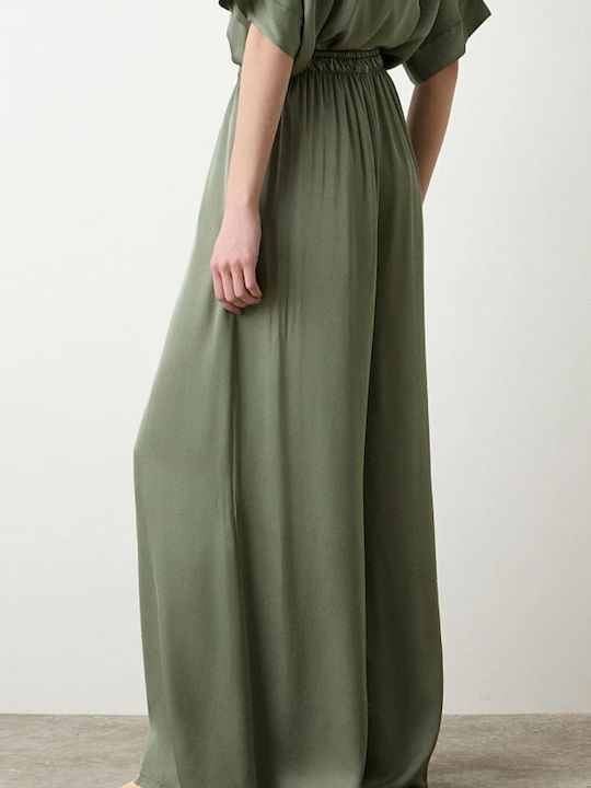 Women's Fabric Trousers with Elastic in Regular Fit Olive