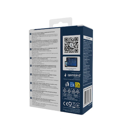 Gembird GaN с 2 USB-A порта и 2 USB-C порта 100W Power Delivery / Quick Charge 3.0 Черен (TA-UC-2A2C-PD100-01-BK)