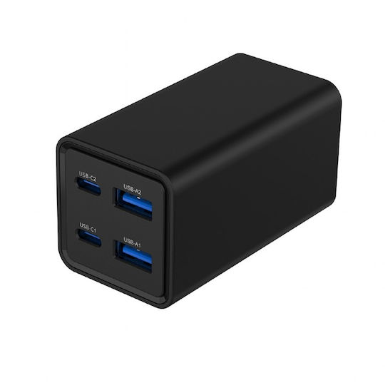 Gembird GaN с 2 USB-A порта и 2 USB-C порта 65W Power Delivery / Quick Charge 3.0 Черен (TA-UC-2A2C-PD65-01-BK)