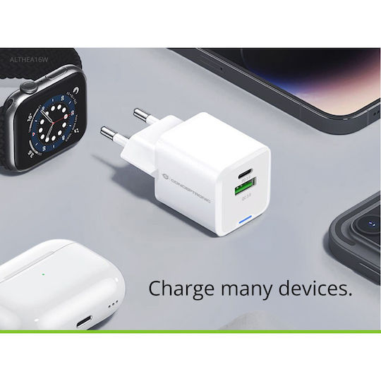 Conceptronic Charger with USB-A Port and USB-C Port 33W Power Delivery / Quick Charge 2.0 Whites (ALTHEA16W)