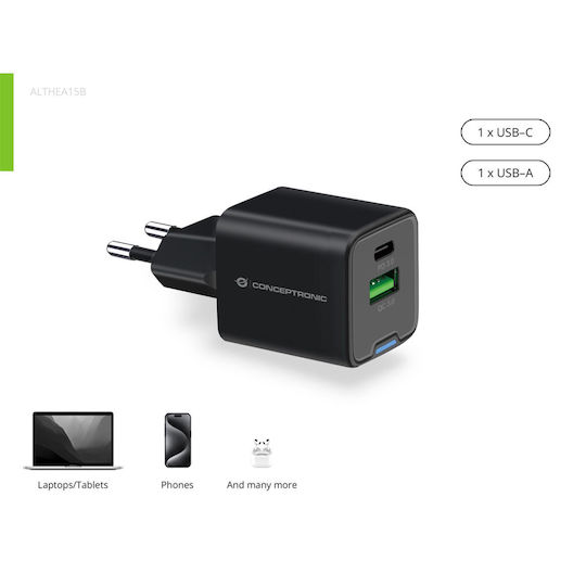 Conceptronic Încărcător Fără Cablu cu Port USB-A și Port USB-C 20W Livrarea energiei / Quick Charge 3.0 / Quick Charge 2.0 Negruς (ALTHEA15B)