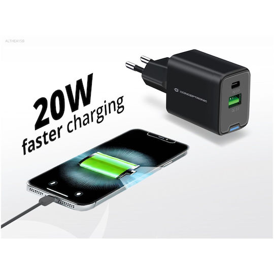 Conceptronic Încărcător Fără Cablu cu Port USB-A și Port USB-C 20W Livrarea energiei / Quick Charge 3.0 / Quick Charge 2.0 Negruς (ALTHEA15B)