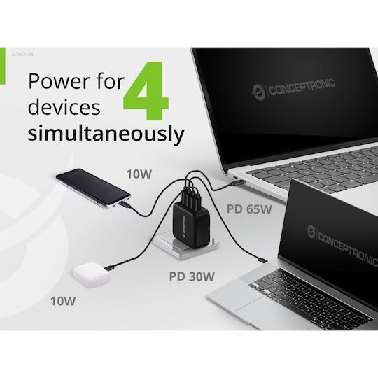 Conceptronic Φορτιστής GaN με Θύρα USB-A και 3 Θύρες USB-C και Καλώδιο USB-C - USB-C 100W Power Delivery / Quick Charge 3.0 Μαύρος (ALTHEA18B)
