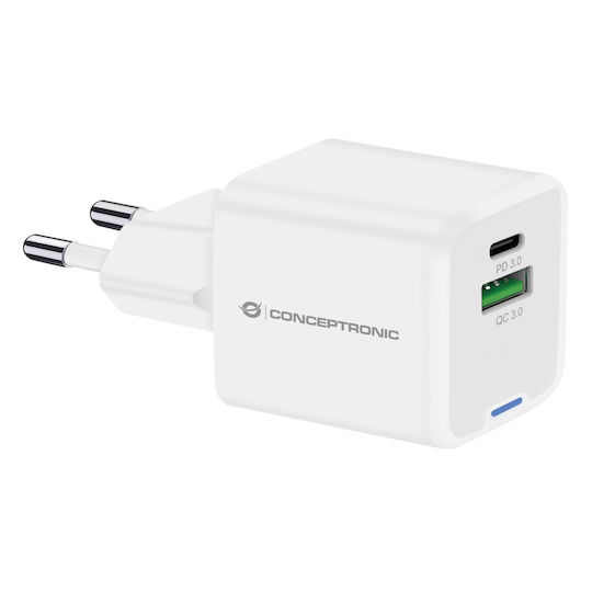 Conceptronic Charger Without Cable with USB-A Port and USB-C Port 20W Power Delivery / Quick Charge 3.0 Whites (ALTHEA15W)