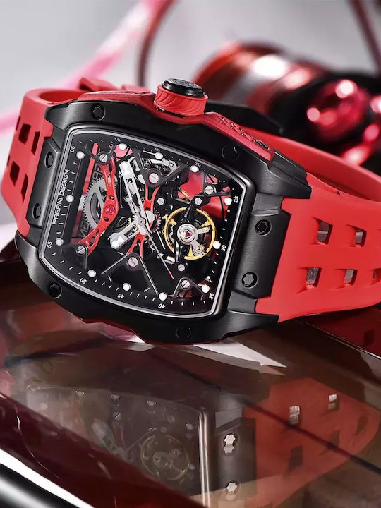 Pagani Design Ανδρικό Ρολόι 42mm Χρονογράφος Αυτόματο με Κόκκινο Καουτσούκ Λουράκι