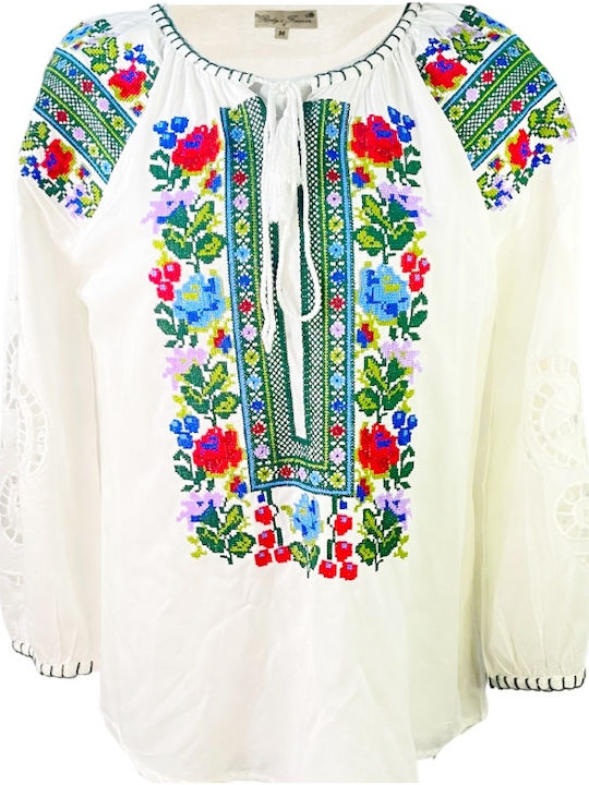 Bluza Damă Bumbac Mânecă Lungă Floral Alb Verde