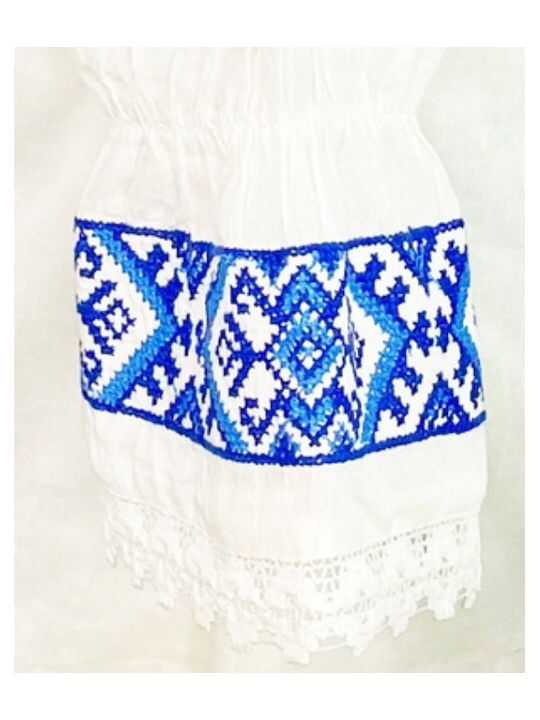 Bluze Damă Mânecă Lungă Bumbac Floral Alb/azur Albastru