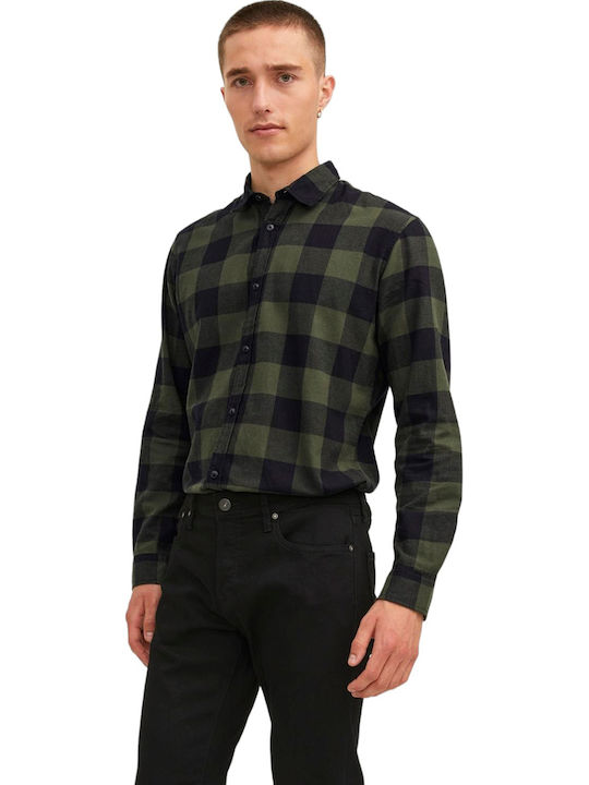 Long-sleeved Cotton Shirt Checked Dusty Olive