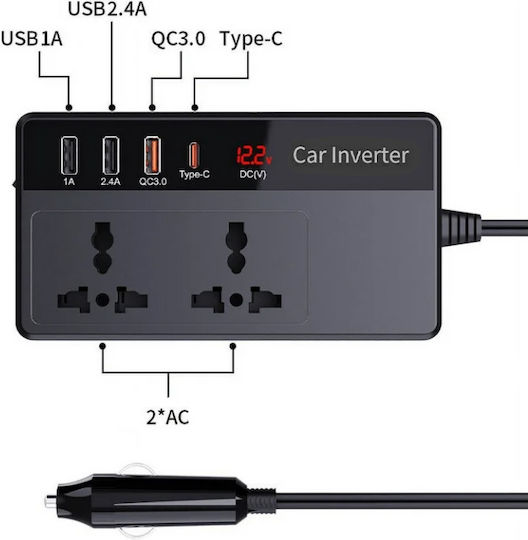 Powertech Car Inverter Modified Sinewave 200W to Converter 12V DC in 220V AC with 4xUSB