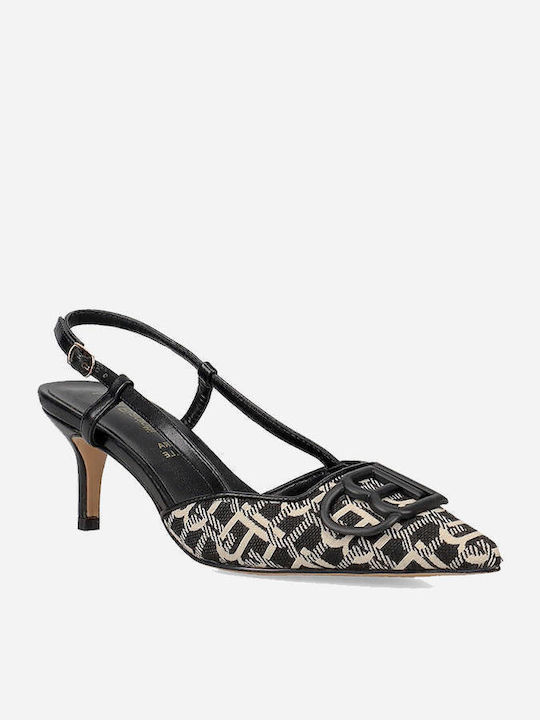 Synthetic Leather Pointed Toe Black Heels with Strap