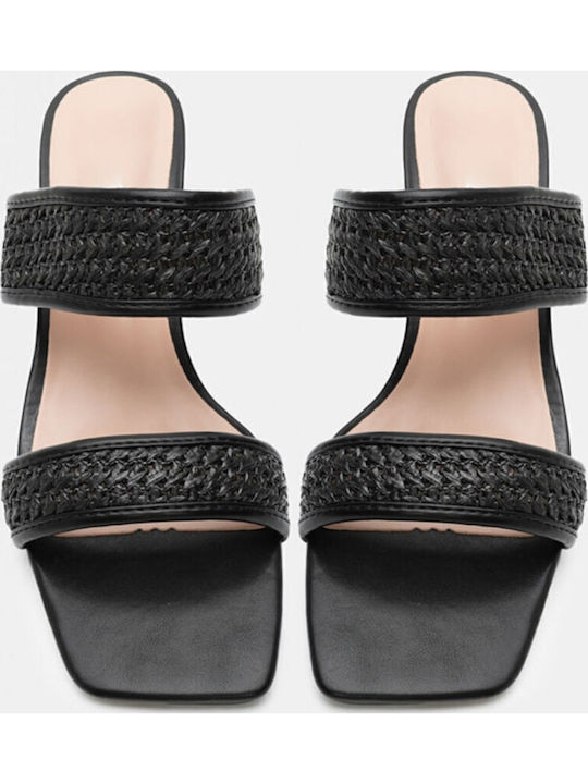 Leather Mules with Chunky Low Heel in Black Color