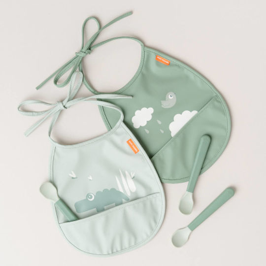 Done by Deer Croco Waterproof Bib Fabric with Lace Band & Pocket Croco Green 2pcs