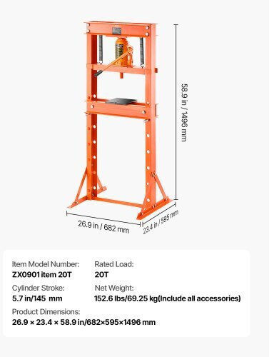 20 Ton Hydraulic Press Adjustable Height Range 50-830 Mm Dimensions 682 × 595 × 1496 Mm 8-12 Bar