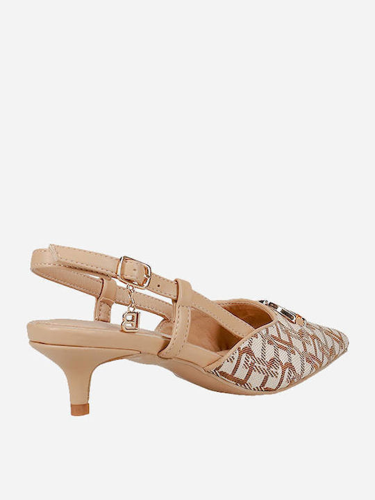 Synthetic Leather Pointed Toe Beige Heels with Strap