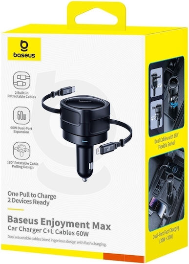 Baseus Enjoyment Max Car Charger Auto-Ladegerät 60W Schnellladung mit Kabel Blitzschlag / Typ-C,TC-TC Schwarz Farbe
