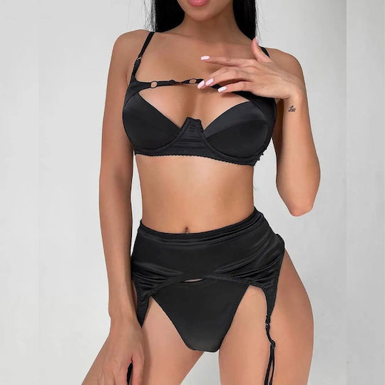 Nefeli Black Lingerie Set Underwire High-Waisted Garter Belt