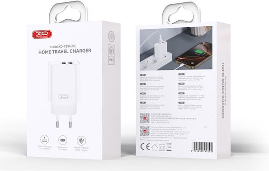 XO Ladegerät mit 2 USB-A Anschlüsse und Kabel Blitzschlag 12W Weißs (CE34)