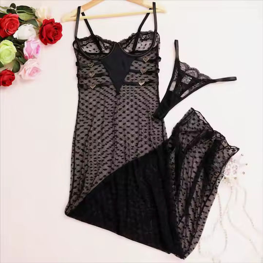 Melia Schwarzes Babydoll-Kleid mit Spitzen-Herz-Muster und Bügeln