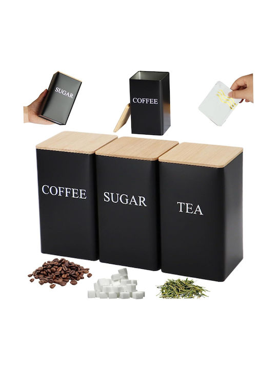 Set of 3pcs Jars for Sugar / Coffee / Tea with Lid Metallic Black