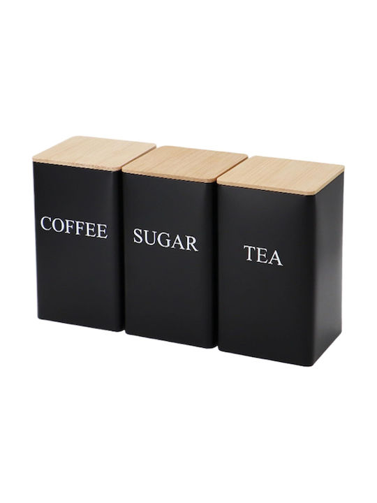 Set of 3pcs Jars for Sugar / Coffee / Tea with Lid Metallic Black