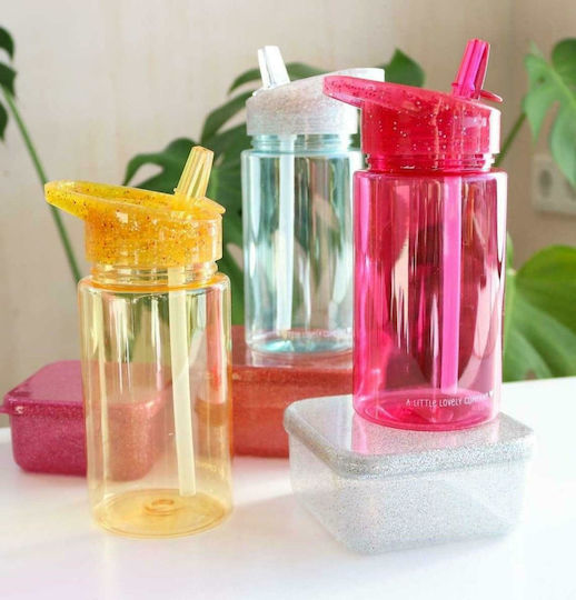A Little Lovely Company Glitter Παιδικό Παγούρι Πλαστικό με Καλαμάκι Ασημί 450ml