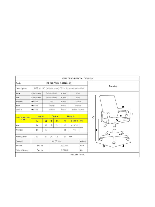 BF2101-SC Office Chair with Fixed Arms White / Pink Woodwell