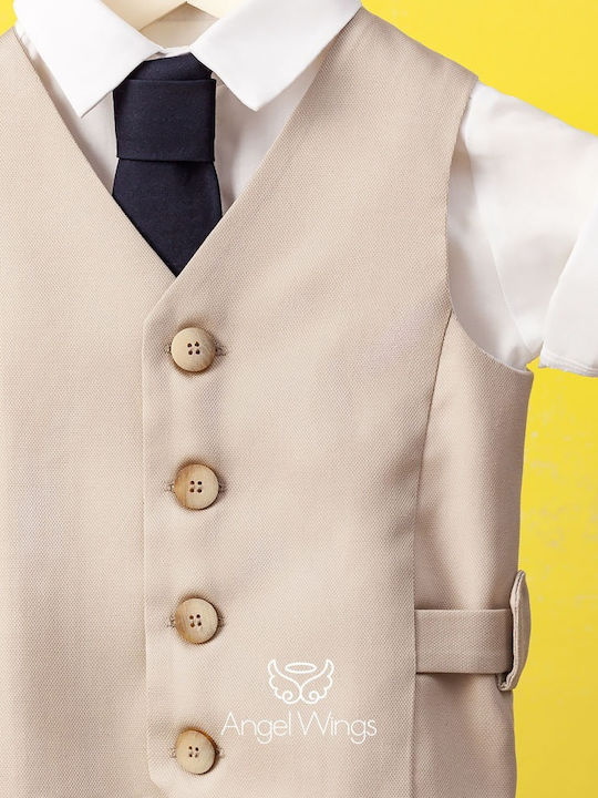 Angel Wings Baptism Suit with Vest for Boy Beige 5 Pieces